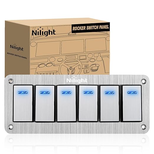 Nilight 6 Gang Rocker Switch Panel 3 Pin On Off Pre-Wired Blue LED Waterproof Aluminum with DIY Stickers for 12V 24V Automotive Cars Marine Boats UTV Truck Jeeps