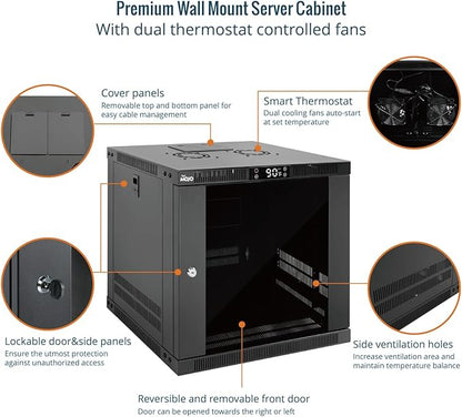 Tecmojo 9U Wall Mount Rack with Thermostat, 17.7inch Depth Enclosed Server Cabinet with 2 Cooling Fans,Lockable Door & Hardware,9U Rack for 19inch Equipments,Glass Door