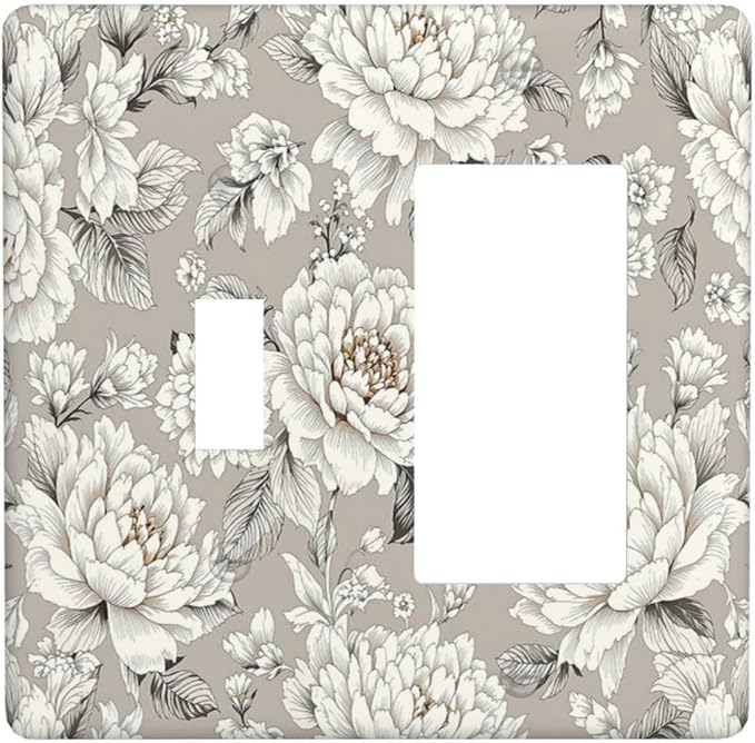 White Poppies Floral Modern Grey Peonies Flowers Outlet Covers 1 Toggle 1 Rocker Combination Light Switch Cover Plate Decorative Wall Plate Electrical Switch Plates for Bedroom Bathroom