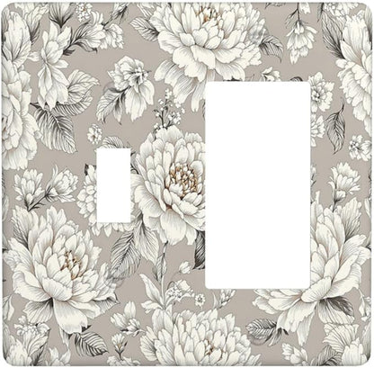 White Poppies Floral Modern Grey Peonies Flowers Outlet Covers 1 Toggle 1 Rocker Combination Light Switch Cover Plate Decorative Wall Plate Electrical Switch Plates for Bedroom Bathroom
