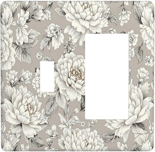 White Poppies Floral Modern Grey Peonies Flowers Outlet Covers 1 Toggle 1 Rocker Combination Light Switch Cover Plate Decorative Wall Plate Electrical Switch Plates for Bedroom Bathroom