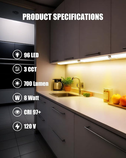 12 Inch Hardwired Under Cabinet Lighting, 3 Color Setting Dimmable LED Under Cabinet Lights Wired, 700LM Linkable Under Counter Lights for Kitchen, 8W, CRI>97