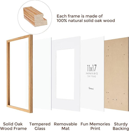 Fun Memories 11x17 Picture Frame, Solid Oak Wood 11"x17" Picture Frames, 11 x 17 Poster Frame for Wall, 11x17 Wood Photo Frame - 8x12 with Mat, Tempered Real Glass (Beige Oak Color, 1 Pack)