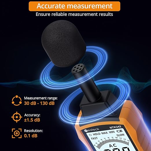 Neoteck 30-130dB Decibel Meter with A/C Weighted Digital Sound Level Meter with MAX/MIN Fast/Slow Response Rate Portable Backlight SPL Meter with Data Hold for Home Office Factories Noisy Neighbors