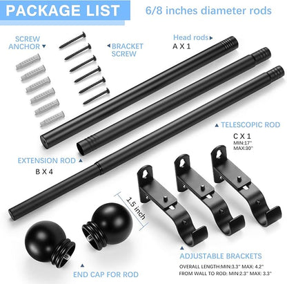 Curtain Rods for Windows 16 to 92 Inches, Curtain Rod Max Adjustable Length of 104 IN, 6/8" Diameter Drapery Rods Round Finials, Black, Pack of 1
