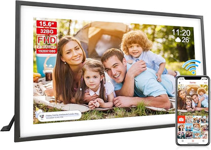 Digital Picture Frame 15 Inch Large Frameo Digital Photo Frame，32GB, 1920 * 1080 IPS HD Touch Screen, Electronic Picture Frame IPS Touch Screen with Auto-Rotate, Frameo Digital Frame WiFi