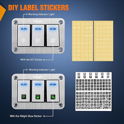 Nilight 3 Gang Rocker Switch Panel 3 Pin On Off Pre-Wired Blue LED Waterproof Aluminum with DIY Stickers for 12V 24V Automotive Cars Marine Boats UTV Truck Jeeps