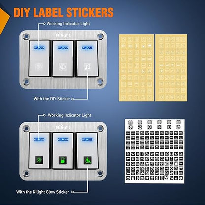 Nilight 3 Gang Rocker Switch Panel 3 Pin On Off Pre-Wired Blue LED Waterproof Aluminum with DIY Stickers for 12V 24V Automotive Cars Marine Boats UTV Truck Jeeps
