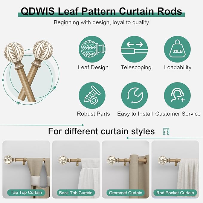 2 Pack Boho Wood Curtain Rods for Windows 48 to 84 inch,1" Adjustable Heavy Duty Window Curtain Rod with Imitation Wood Grain Finials,Rustic Decorative Drapery Rods Set 36-88'',Weathered Wood