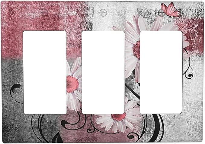 Light Switch Covers Pink Floral Rustic Daisy Flower And Butterfly 3 Gang Rocker Electrical GFCI Decorative Triple Outlet Wall Plate Cover Switchplate for Farmhouse Cabin Decor