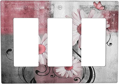 Light Switch Covers Pink Floral Rustic Daisy Flower And Butterfly 3 Gang Rocker Electrical GFCI Decorative Triple Outlet Wall Plate Cover Switchplate for Farmhouse Cabin Decor