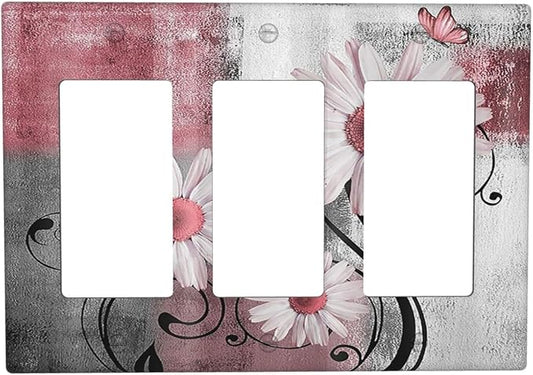 Light Switch Covers Pink Floral Rustic Daisy Flower And Butterfly 3 Gang Rocker Electrical GFCI Decorative Triple Outlet Wall Plate Cover Switchplate for Farmhouse Cabin Decor