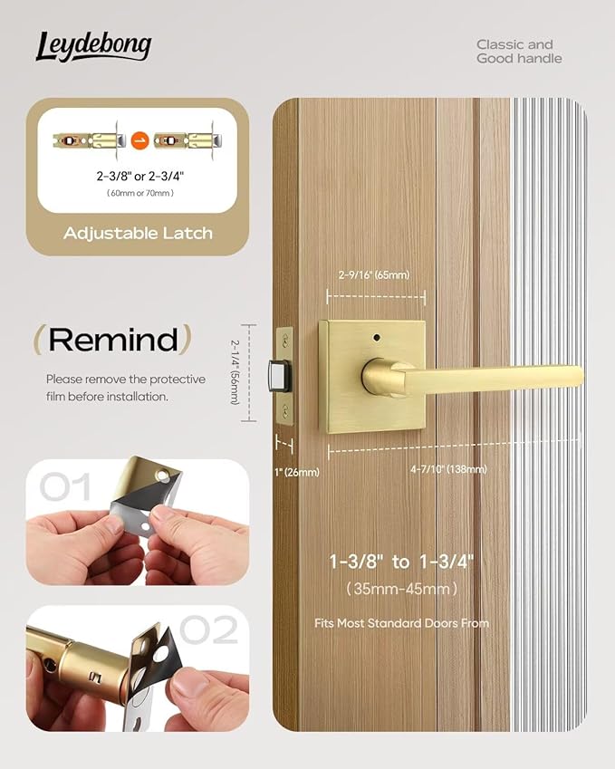 Leydebong 1 Pack Gold Door Handles, Keyless Privacy Door Levers Bed and Bath Leverset Lockset, Universal Handing with Square Door Knobs, Satin Brass Finish