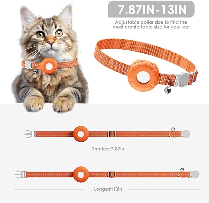 Cat GPS Tracker, Waterproof Pet GPS Tracker for Cats, Cat Tracker Collar with Safety Elastic Buckle, Compatible with Apple Find My App (Only iOS), No Monthly Fee, Orange