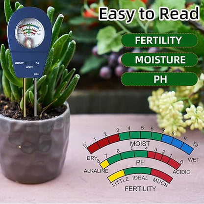 3-in-1 Soil Moisture Meter pH & Fertility Tester, No Battery Needed Plant Soil Test Kit for Houseplants, Garden, Lawn & Farm, Plug-and-Read Soil Acidity Meter for Indoor Outdoor Potted Plants (Blue)