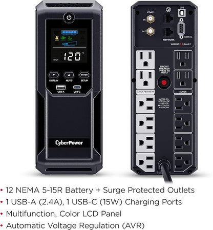 CyberPower CP1500AVRLCD3 Intelligent LCD UPS System, 1500VA/900W, 12 Outlets, 2 USB Ports, AVR, Mini Tower, Black