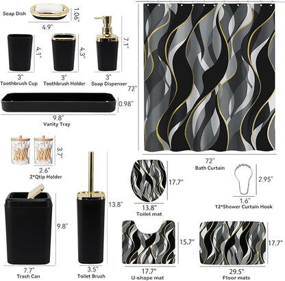 Bathroom Set - Black and Gold Bathroom Accessories, Bathroom Sets with Shower Curtain and Rugs, Black Shower Curtain Set with Bathroom Trash Can, Soap Dispenser, Soap Dish for Home Decor