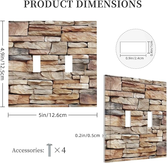 Decorative Switch Plates Stone Textured Brown Brick Natural Stone 2 Gang Double Toggle Outlet Light Switch Cover Wall Plate Electrical Faceplate For Farmhouse Cabin Decor