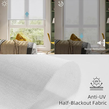 SmartWings Motorized Light Filtering Shades, Work with Matter Homekit Z-Wave Zigbee Alexa Google, 50% Blackout PVC Free Smart Blinds for Windows Cordless Window Shades with Remote Customized, White