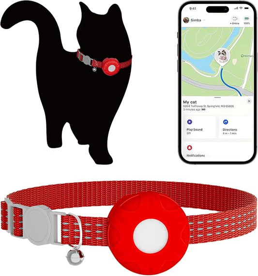 GPS Tracker for Cats, Waterproof Pet GPS Tracker, Cat Tracker Collar with Safety Elastic Buckle, Compatible with Apple Find My App (Only iOS), No Monthly Fee, Red