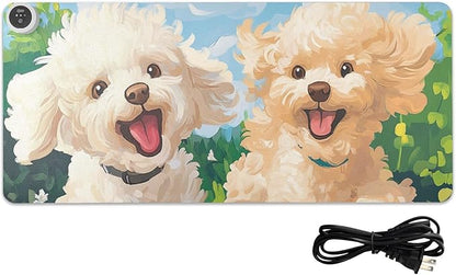 Heated Desk Pad Mouse Pad 31.5x13 Inch PU Leather Desk Mat with 3 Heat Levels Large Mouse Gaming Computer Laptop Mat Spring Running Poodle Dogs