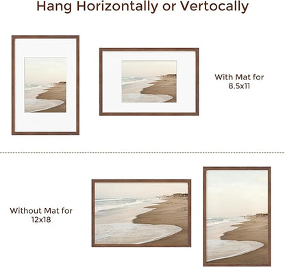 Fun Memories Solid Oak Wood Picture Frame 12"x18" for Wall - Tempered Real Glass, Matted to 8.5x11, Poster Frame (Walnut Color, 1 Pack)