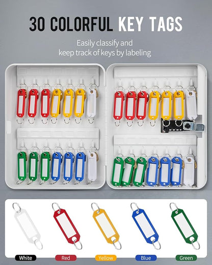 Uniclife 28-Key Steel Key Cabinet with Combination Lock Wall Mounted Key Organizer with Resettable Code White Digital Security Box with Hooks and Large Key Tag Labels Identifiers in 5 Assorted Colors