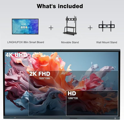 86 Inch Interactive Whiteboard, All in One Electronic Whiteboard for Classroom and Office, 4K Touchscreen Digital Smart Board with Camera and Mics (Board+Movable Stand+Wall Mount)