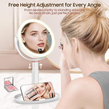 Makeup Magnifying Mirror with Light 30X/1X, Digital Display, 2-Sided Touch Control, Makeup Mirror with 3 Color Lights,360° Rotate, Height Adjustable Lighted Magnifying Mirrors for Desk Travel