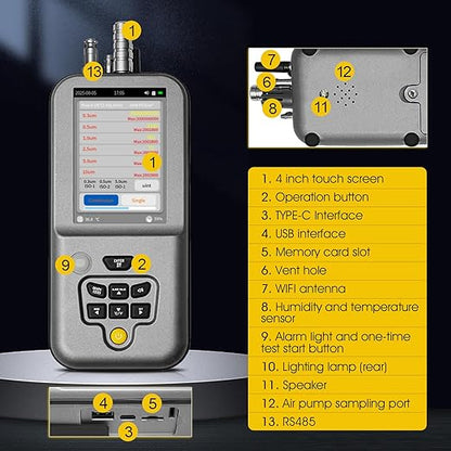 Professional Particle Counter, High Sensitivity 6-Channel PM0.3/0.5/1.0/2.5/5.0/10µm Air Pollution Monitor with Tuya APP w/Temp & Humidity USB Data Export to PC for Cleanrooms, Laboratories(RS-485)