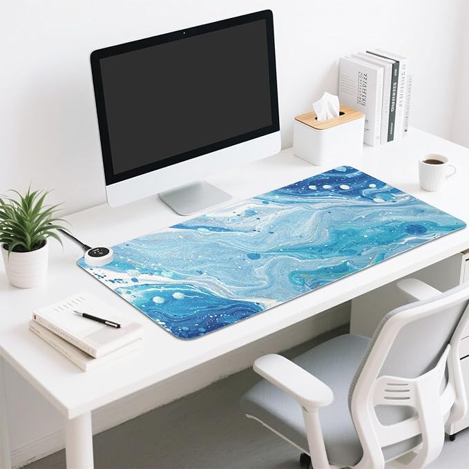 Heated Desk Pad Mouse Pad 31.5x13 Inch PU Leather Desk Mat with 3 Heat Levels Large Mouse Gaming Computer Laptop Mat Blue and White Marble Spots