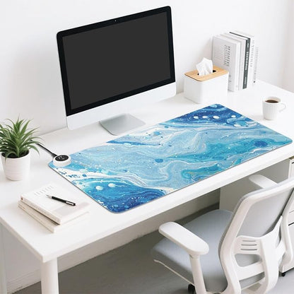 Heated Desk Pad Mouse Pad 31.5x13 Inch PU Leather Desk Mat with 3 Heat Levels Large Mouse Gaming Computer Laptop Mat Blue and White Marble Spots
