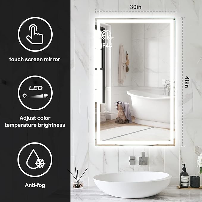 ROOMTEC 48X30 Inch Led Mirror for Bathroom,Backlit Lighted,Anti-Fog, Dimmable, Vertical & Horizontal Mount (Square-48 * 30",Frosted), Silver