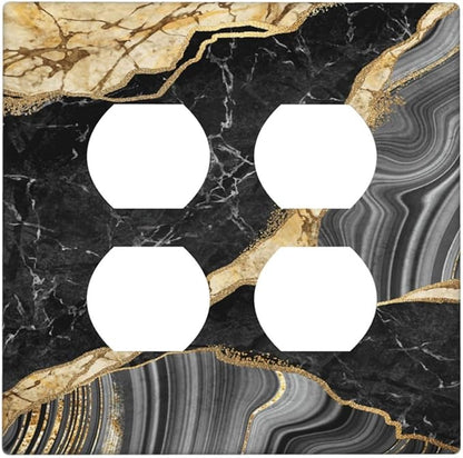Decorative Outlet Covers Modern Abstract Black Gold Marble 2 Gang Wall Plate Double Duplex Light Switch Cover Switch Plate Covers for Bathroom Kitchen Home Decor