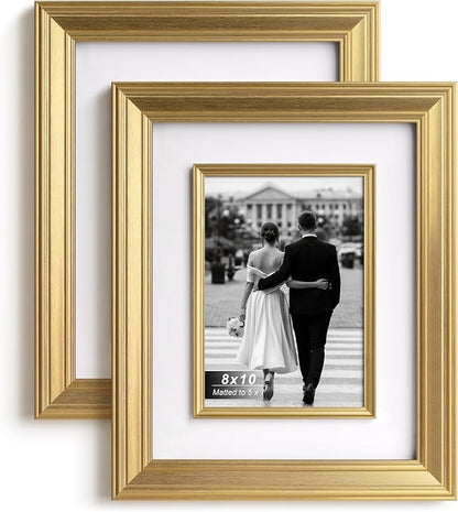 Yaetm 8x10 Gold Picture Frame with Decorative Inner Frame & Tempered Glass, Display 5x7 Photos with Mat - Portrait or Landscape - Tabletop & Wall Mount for Office & Home Décor (Gold, 2 Pack)