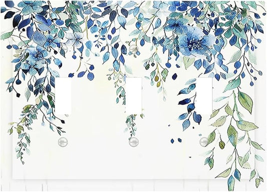 Decorative Switch Plates Boho Vintage Flowers Blue Green Sage 3 Gang Wall Plate Triple Toggle Light Switch Cover Faceplate Electrical Wall Panels for Bedroom Farmhouse Decor