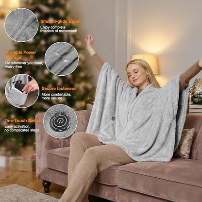 Cordless Heated Blanket Battery Operated with Fleece Lining 7.4V 16000mAh Battery Portable Wearable Heated Shawl for Women Men 6 Heating Zones 3 Fast-Heating Levels (Battery Included)