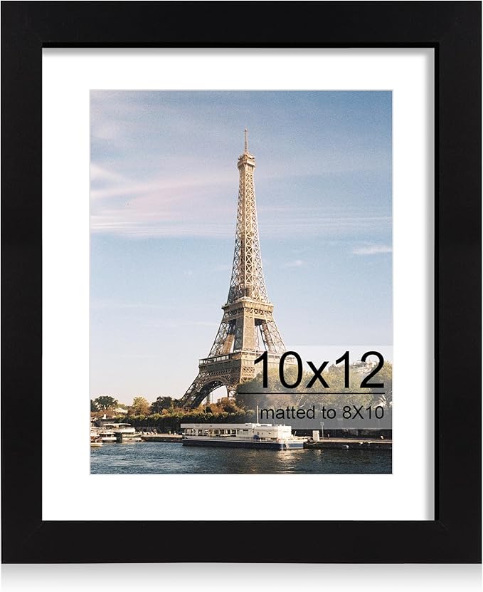 iRahmen 10x12 Picture Frame with HD Tempered Glass, Display Pictures 8x10 with Mat or 10 x 12 Without Mat, Wood Photo Frames for Tabletop and Wall Mount (Black, 1 Pack)