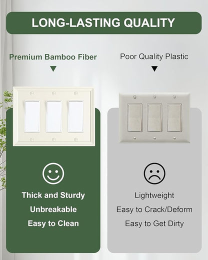 2-Pack Triple Decorator Outlet Cover Plate, Light Almond Modern Decorative Switch Plates and Outlet Covers, Natural Bamboo Fiber Wall Plates for Electrical Outlets