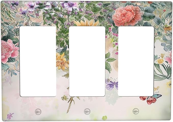Rustic Floral Watercolor Flower Blossom Butterfly Triple Rocker Light Switch Covers 3 Gang Outlet Cover Wall Plates Decorative Switch Plates Electrical GFCI Faceplate Switchplate 4.49 X 6.38 IN