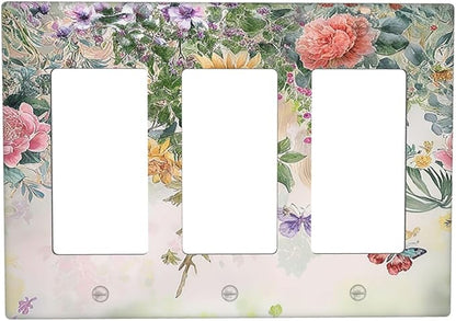 Rustic Floral Watercolor Flower Blossom Butterfly Triple Rocker Light Switch Covers 3 Gang Outlet Cover Wall Plates Decorative Switch Plates Electrical GFCI Faceplate Switchplate 4.49 X 6.38 IN