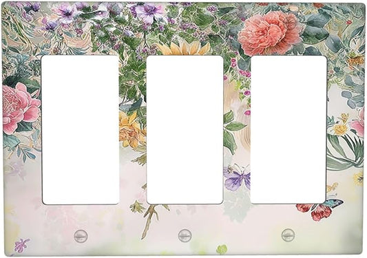 Rustic Floral Watercolor Flower Blossom Butterfly Triple Rocker Light Switch Covers 3 Gang Outlet Cover Wall Plates Decorative Switch Plates Electrical GFCI Faceplate Switchplate 4.49 X 6.38 IN