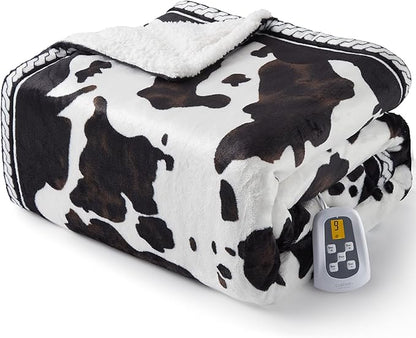 CAROMIO Heated Electric Blanket Twin Size, Cow Print Fast Heating Throw Blankets with LCD Controller, 10 Heat Levels & 1-12H Time Settings Auto Off, ETL Certified, Brown Black, 62" x 84"