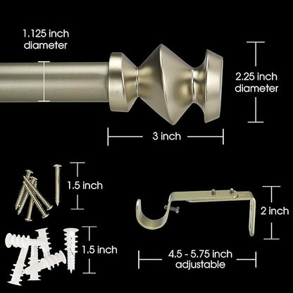 1-1/8 Inch Diameter Champagne Gold Curtain Rods with Modern Geometric Finials, 72-144'' Telescoping Single Curtain Rods for window width 68-140 inch, 1 pack