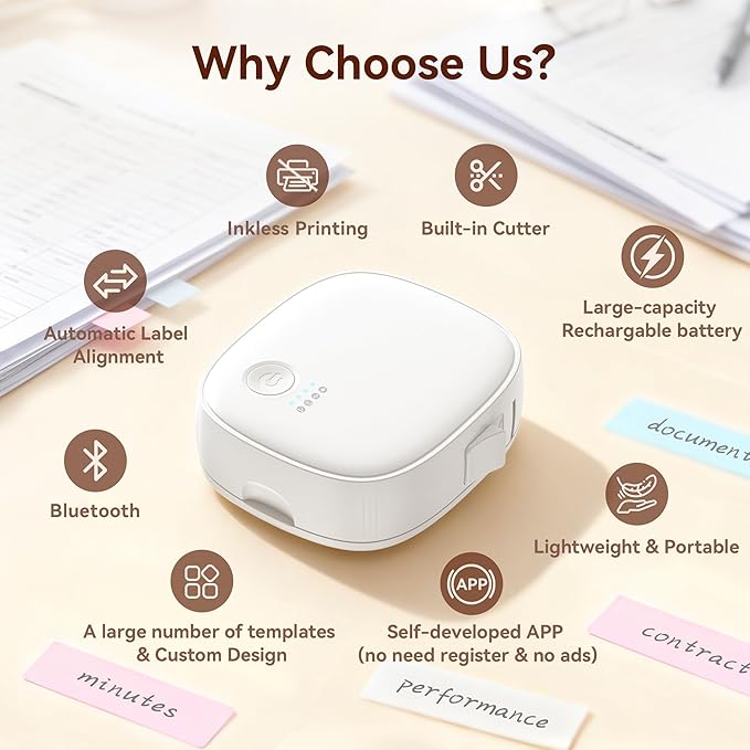 Mini Label Maker Machine with Tape – Portable Bluetooth Mini Label Printer, Wireless Thermal Label Maker, Waterproof & Rechargeable, Built-in Cutter, for Home, Office, School, Kitchen – White