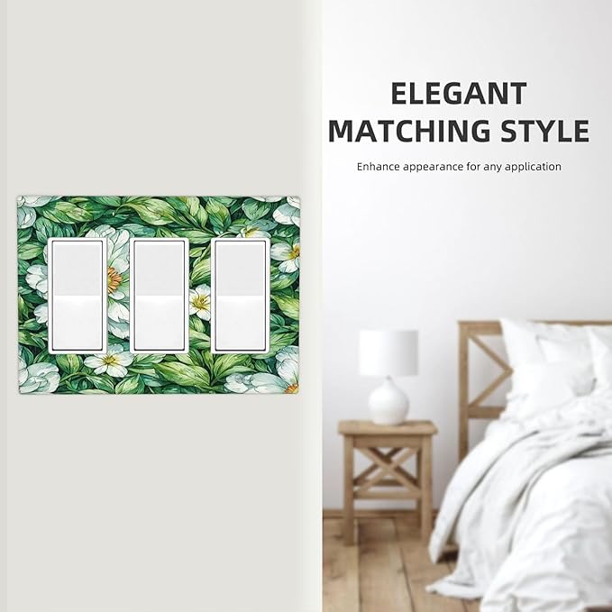 Vintage Floral White Flowers Green Plants Leaves Light Switch Covers 3 Gang Rocker Decorative Triple Outlet Wall Plate Cover Electrical GFCI Switchplate for Bedroom Bathroom Decor