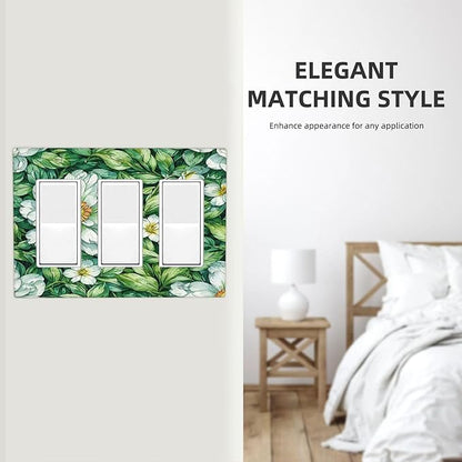 Vintage Floral White Flowers Green Plants Leaves Light Switch Covers 3 Gang Rocker Decorative Triple Outlet Wall Plate Cover Electrical GFCI Switchplate for Bedroom Bathroom Decor