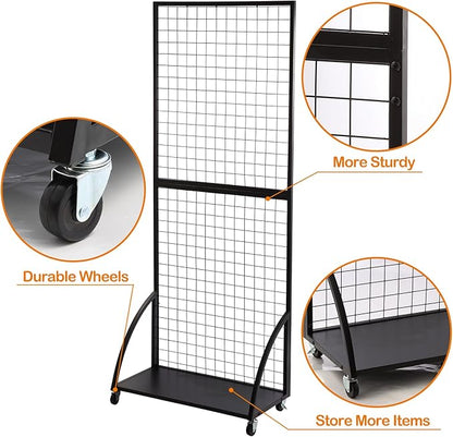 Eastern Tree Grid Wall Panels, Black Gridwall Panels Stand with Base Plate, Wire Grid Wall Panel Display with Wheels, Craft Show Display Rack, Retail Display with 20 Pieces Hooks, 2 Packs 2.5'x 6'