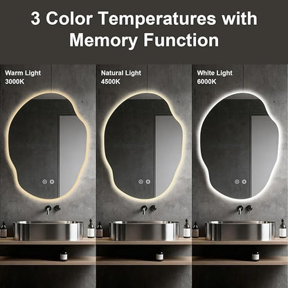 Asymmetrical Bathroom Mirror with Lights,Irregular LED Bathroom Vanity Mirror with Backlit,Anti-Fog,3 Colors and Dimmable Light with Memory,Hardwired Supported[Horizontal/Vertical] 30" H x 22" W