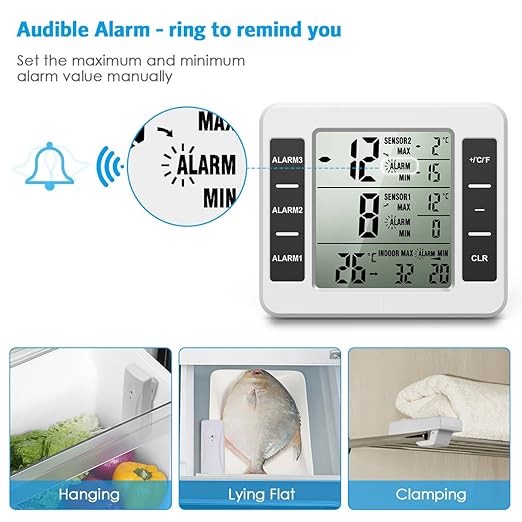 (UPGRADED) AMIR Refrigerator Thermometer, Wireless Indoor Outdoor Freezer Thermometer, Sensor Temperature Monitor with Audible Alarm Temperature Gauge for Kitchen, Freezer, Home (Battery not Included)
